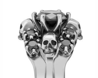 Skull Wedding Set of 3 - WANDA in Sterling with Black Gemstones, Dark Bridal Rings by KIPKALINKA