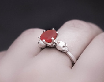 Dainty Skull Ring WANDA with Orange Carnelian - Ready to Ship in Size 5.5