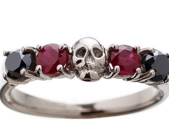 Goth Wedding Ring - HELICE - Skull Ring - Solid 14K White Gold - Choose Your Stones