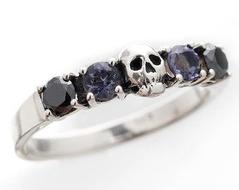 Skull Wedding Ring - HELICE - Black Diamond Sterling Engagement Ring, Goth Psychobilly Wedding Band by KIPKALINKA