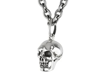 Skull Necklace, Long Steel Chain, Goth Skull Pendant, Memento Mori, Rocker