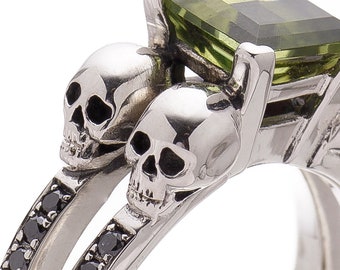 Bold Goth Ring LETHE - with Skulls, Black Diamonds and a Natural Gemstone of Your Choice