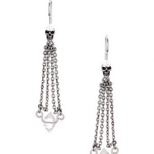 May include: Silver skull dangle earrings with a clear crystal at the bottom of each earring.