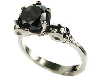 WANDA Black Skull Engagement Ring, Black Moissanite Black Lab Diamond, Womens Goth Wedding Ring, Memento Mori