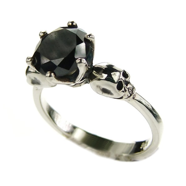 WANDA Black Skull Engagement Ring, Black Moissanite Black Lab Diamond, Womens Goth Wedding Ring, Memento Mori