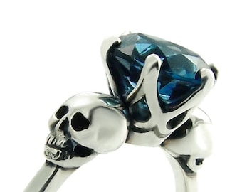 Sterling Skull Engagement Ring with Blue Gemstone WANDA by KIPKALINKA