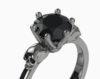 14K Black Gold Skull Ring WANDA, Black Spinel Gemstone