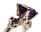 Skull Ring in Solid White Gold - READY TO SHIP Size 6.5 Unique Goth Engagement with Natural Amethyst Rock n Roll Wedding Ring Memento Mori