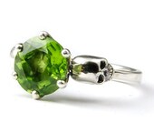 Skull Engagement Ring in Sterling Silver with Poison Green Peridot, Victorian Promise, Memento Mori, Steampunk Jewelry in All Sizes