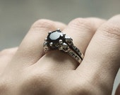 Skull Engagement Ring with Black Spinel and Natural Black Diamonds, Diamond Skull Ring, Sterling Silver Goth Rock Wedding Ring, Memento Mori