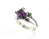 ZORYA Skull Wedding Ring Memento Mori Ring Square Amethyst Sterling Jewel Skull Ring Purple Goth Engagement Ring Rockabilly Womens Ring