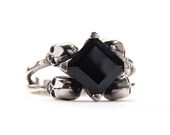 Black Skull Engagement Ring, Skull Wedding Band Square Black Spinel Memento Mori Sterling Jewel Skull Ring Black Goth Engagement Ring