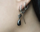 Skull Dangle Earrings Skull Drop Earrings Sterling Silver Goth Earrings with Skull Garnet Blood Drop Dangles Victorian Mourning Earrings