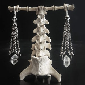 CHAIN EARRINGS - Skull Dangles with Natural Herkimer Diamond Crystal, Gothic Bridal Earrings, Memeto Mori