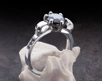 Skull Engagement Ring with Black Diamonds - Choose Your Gemstone THANA - by KIPKALINKA