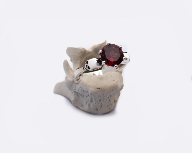 WANDA Blood Red Garnet Skull Ring, Valentines Day Gift, Goth Engagement, Memento Mori, Womens Ring image 4