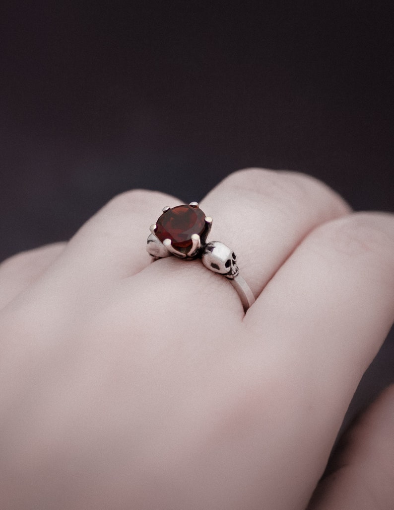 WANDA Blood Red Garnet Skull Ring, Valentines Day Gift, Goth Engagement, Memento Mori, Womens Ring image 2