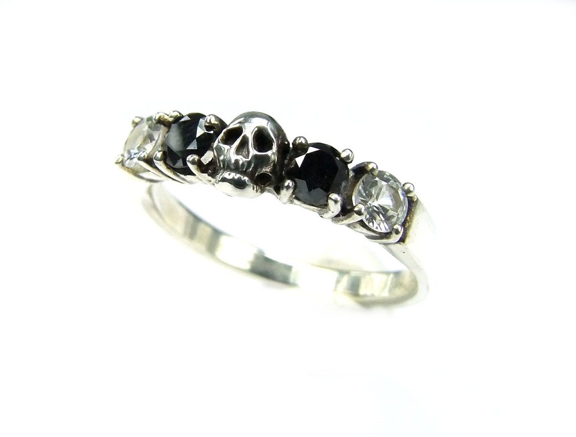 Skull Wedding Ring Black Diamond Sterling Engagement Ring Etsy
