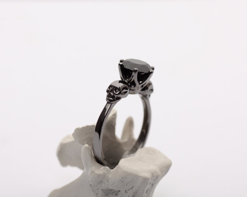 Black Gold Skull Ring WANDA with 2ct Black Diamond, Goth Engagement Ring image 6