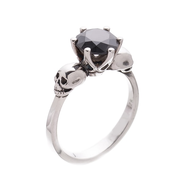 Black Gem Skull Ring for Her - WANDA - Solid Sterling Silver