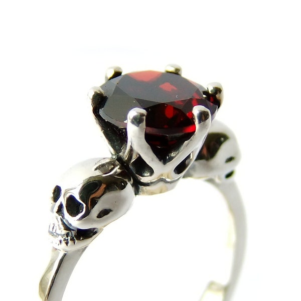 WANDA Blood Red Garnet Skull Ring, Valentines Day Gift, Goth Engagement, Memento Mori, Womens Ring