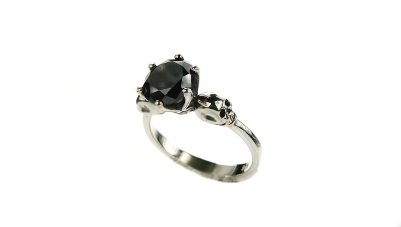 Valentines Skull Ring READY TO SHIP Black Moissanite and Sterling Lab Diamond Ring Memento Mori Gift Size 5.5