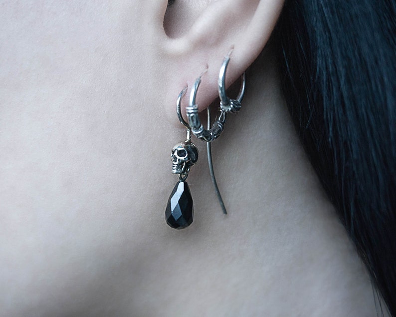 Elegant Skull Dangle Earrings with Little Gemstone Drop image 3