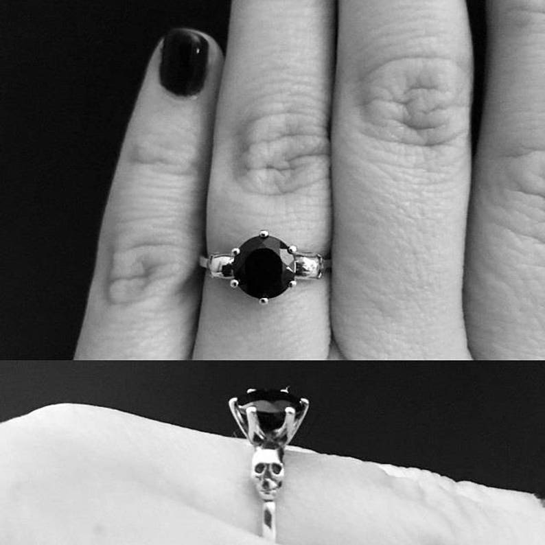 Valentines Skull Ring READY TO SHIP Black Moissanite and Sterling Lab Diamond Ring Memento Mori Gift Size 5.5
