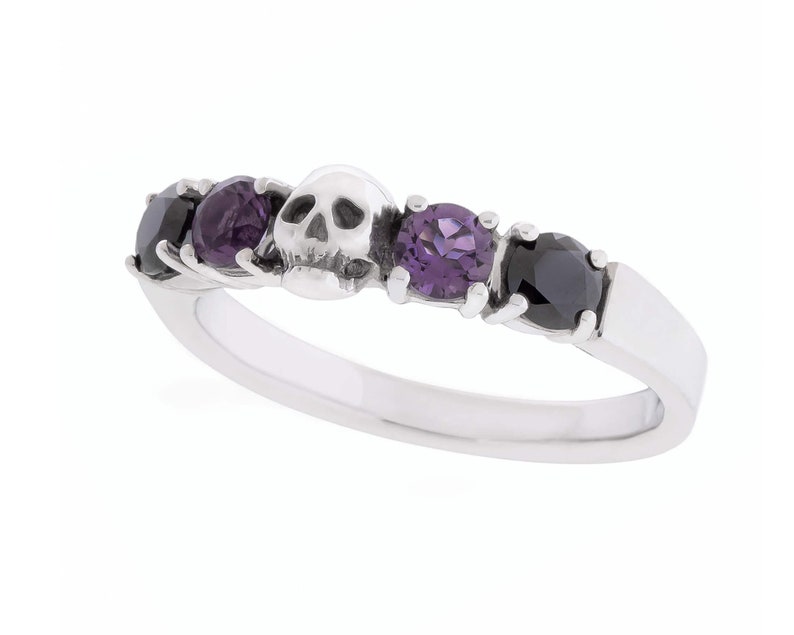 May include: A silver ring with a skull charm and black and purple gemstones.