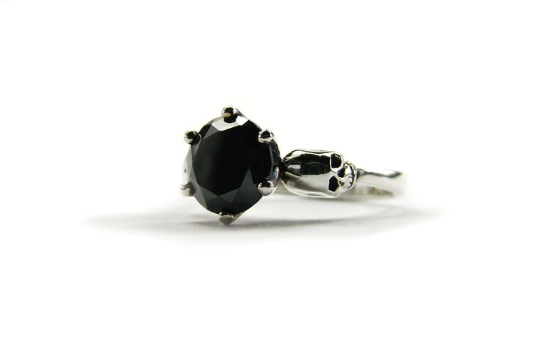 Valentines Skull Ring READY TO SHIP Black Moissanite and Sterling Lab Diamond Ring Memento Mori Gift Size 5.5