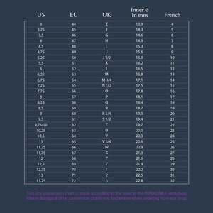 May include: A size conversion chart for rings, showing the US, EU, UK, inner diameter in millimeters, and French ring sizes. The chart lists sizes from 3 to 13.25 US, 44 to 72 EU, E to 3 UK, 13.9 to 22.8 mm, and 4 to 32 French.