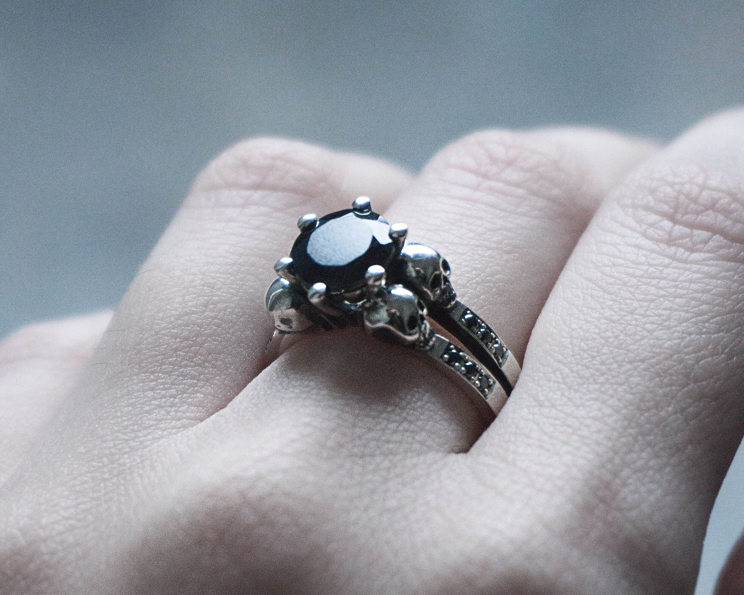 Lilith Skull Engagement Ring Black Spinel And Natural Black Diamonds Skulls And Sterling Silver Goth Rock Wedding Memento Mori