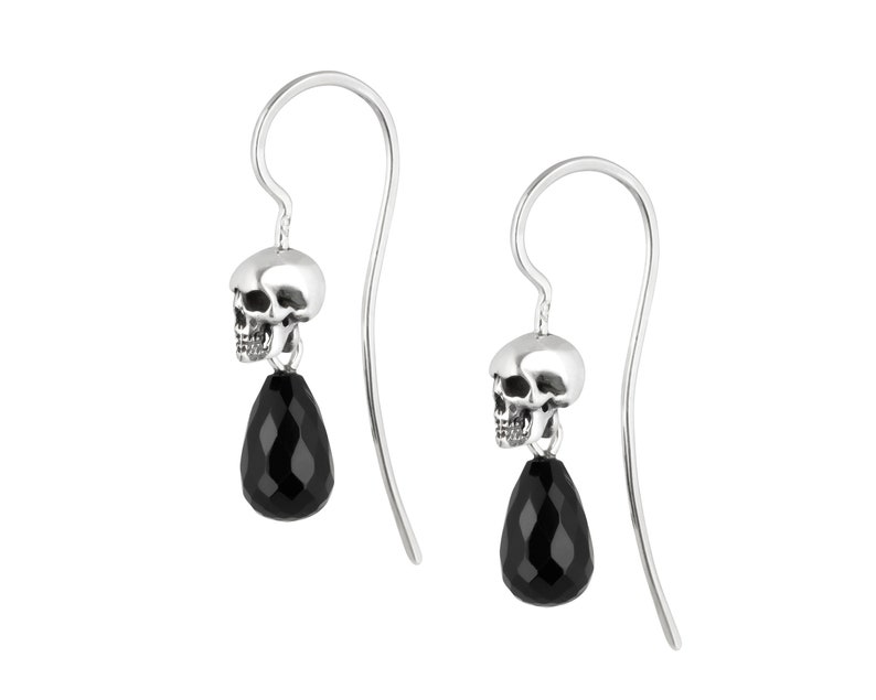 Elegant Skull Dangle Earrings with Little Gemstone Drop image 1