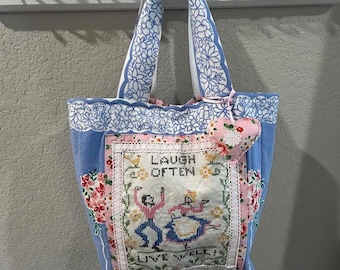 Bolso de mano con estampado de mantel vintage reciclado de los años 40