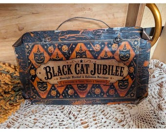 Halloween BLACK CAT Primitive Jubilee Rusty Tin Sign - Vintage Inspired