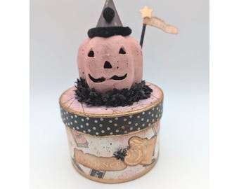 Vintage Style HALLOWEEN Jack O' Lantern Head on Box! Handmade! (008)
