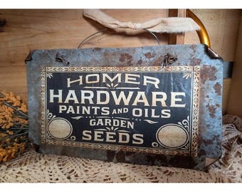 Vintage Label Homer Hardware & Garden Seeds Tin Rusty Sign