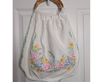 Bolso de mano vintage de lino con asa de bambú - Bolso de abuela