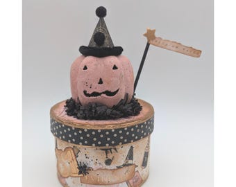 Vintage Style HALLOWEEN Jack O' Lantern Head on Box! Handmade! (011)