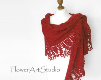 Handmade Red Knitted Bridal Shawl, Crocheted Wedding Wrap