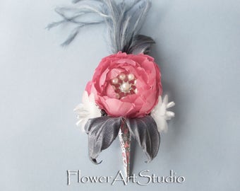 Groom Boutonniere Buttonhole Lapel Flower Groomsman Boutonniere Men's Boutonniere Wedding Boutonniere Buttonhole Flower Grey and Pink