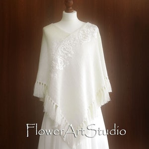 Ivory Bridal Poncho, Wedding Poncho, Wool Poncho , Knitted Poncho, Shawl, Wrap, Cover Up, Shrug, Capelet, Cape, Bolero, Stole, Ivory Wedding