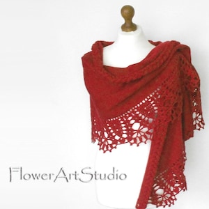 Bridal red knitted and crocheted shawl, cover up, wrap, shoulder shawl, cape, capelet, stole, evening shawl, for bridesmaid, for winter