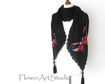 Black Knitted Wedding Shawl: Summer Wrap with Butterfly Appliques