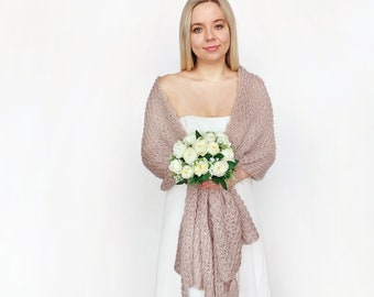 Beige Mohair Bridal Shawl, Chunky Knit Wedding Wrap