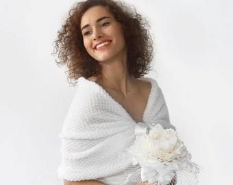 White Knitted Wedding Capelet: Bridal Cape, Knit Wrap, Plus Size too