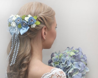 Handmade Floral Fascinator Headpiece with Blue and White Flowers Large White Light Blue Flower Fascinator Hat Big Teardrop  main image 2