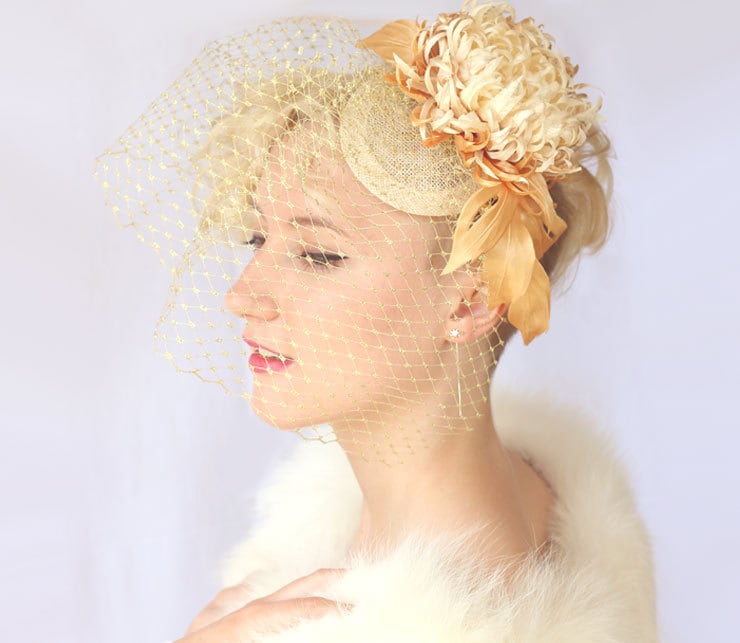 Gold Wedding Fascinator Hat with Birdcage Veil: Beige Silk Flower Hair Accessory