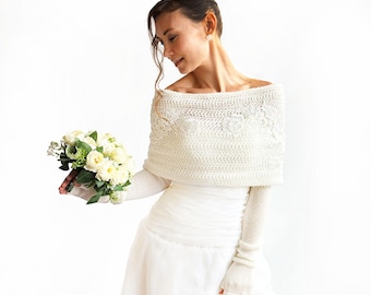 Ivory Wedding Shoulder Warmer, Knitted Bridal Wrap, Winter Knit Shrug