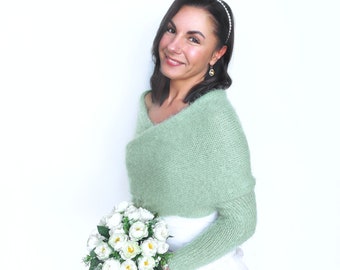 Haussement d'épaules de mariée vert sauge, couverture, pull de mariée, veste de mariage convertible, veste de mariée, haussement d'épaules tricoté, boléro, châle avec bras vert